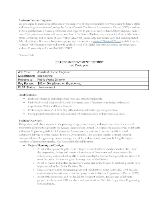 Career Opportunities Kearns Improvement District career-opportunities-kearns-improvement-district